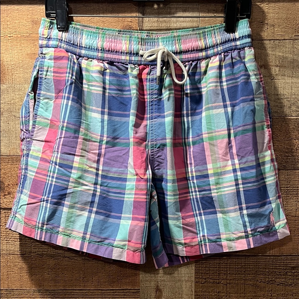 POLO Ralph Lauren Pastel Plaid Drawstring swim trunks men's medium